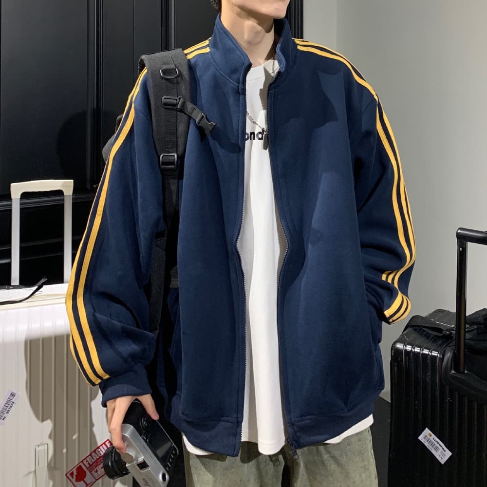 Trendy brand three-stripe cardigan sweatshirt men's autumn American contrast striped jacket handsome loose couple tops