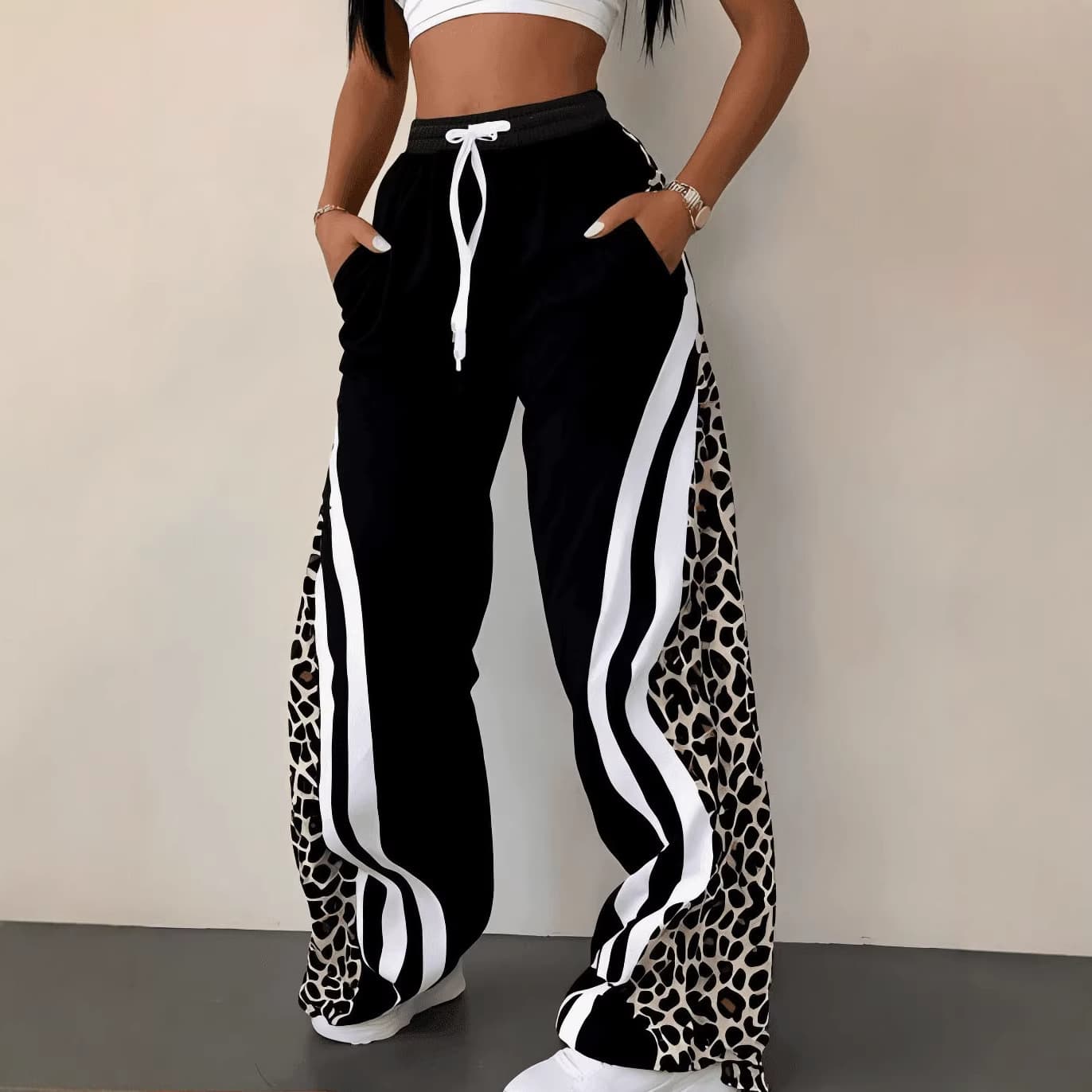 2026 New Cross-Border European and American Style Leopard Print Patchwork Wide-Leg Pants for Women, Striped Drawstring Casual Sports Pants
