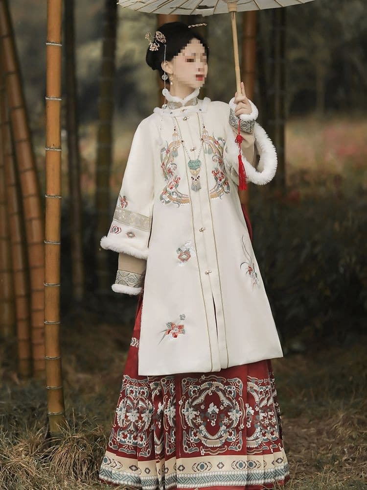 Yaochi Original Hanfu for Women "Cinnabar" Round-collar Cloak Jacket Winter Warm Stand-up Collar New Year Battle Attire Duijin Horse-face Skirt