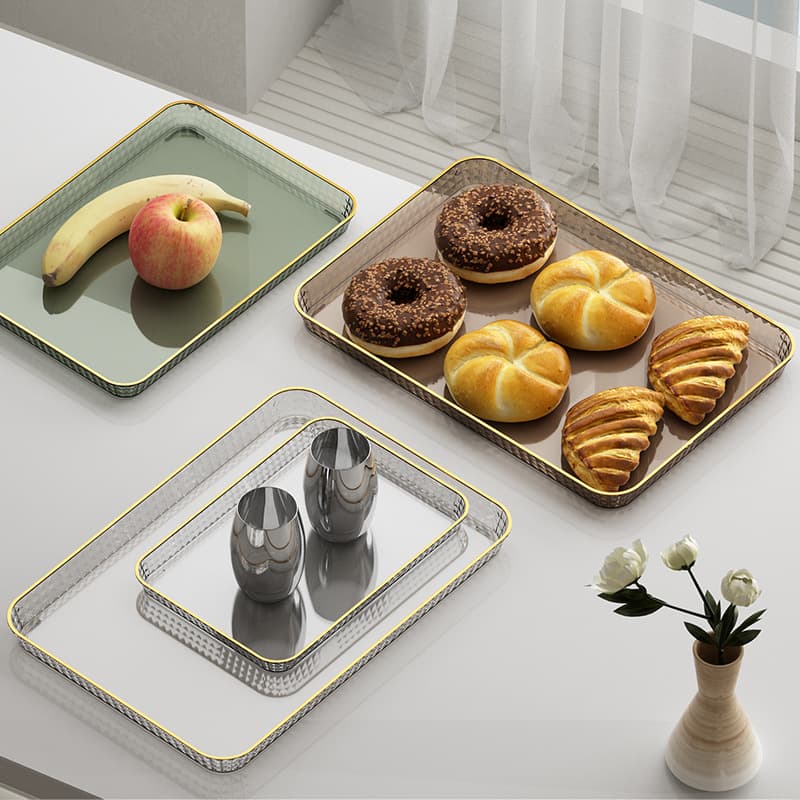 Luxury gold-rimmed tea tray, household PET water cup tray, rectangular transparent dessert and fruit plate, plastic plate