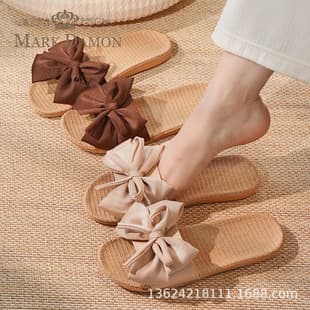 New Korean-style Linen Woven Home Indoor Casual Slippers with Bowknot, Linen Slippers for Women, Summer Lightweight Slippers
