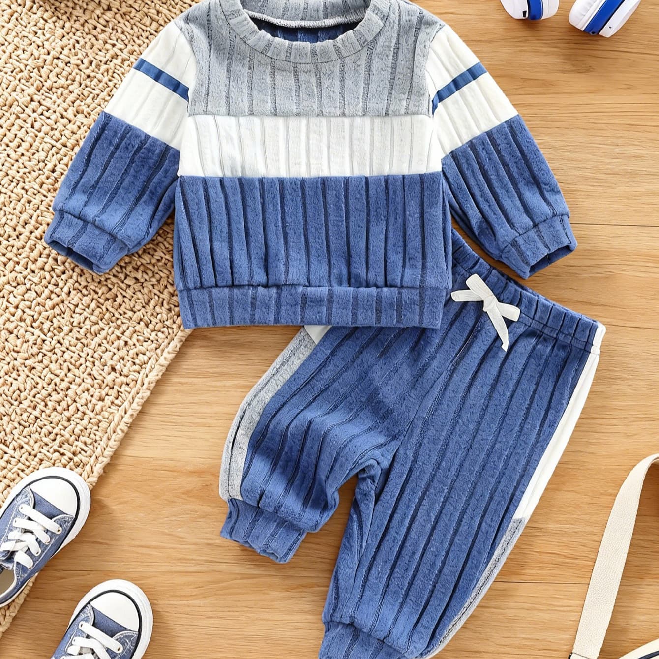 Baby boy and girl casual pit stripe patchwork color long-sleeved top and pants suit