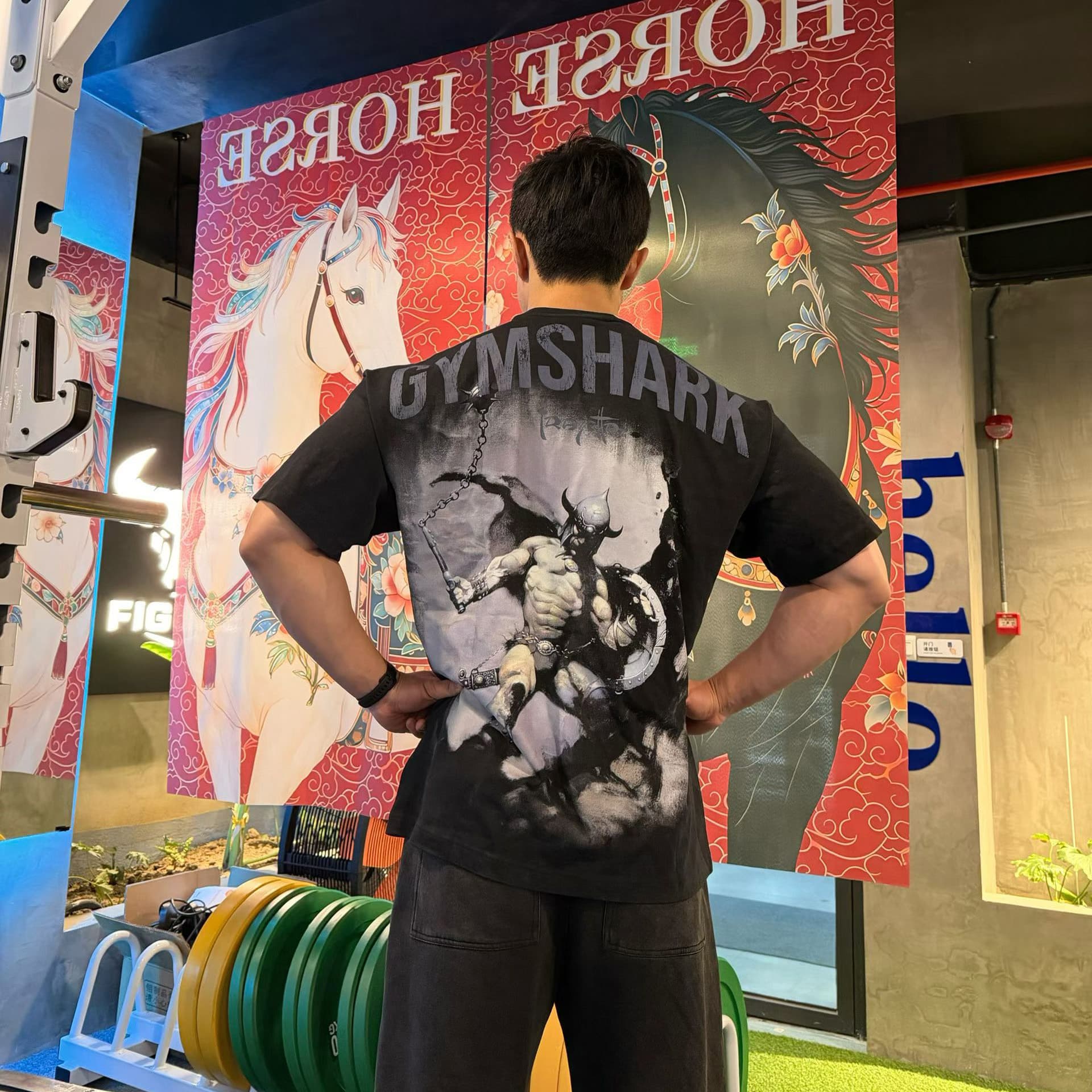 Gymshark Shark Spartan Warrior Fitness Bodybuilding Short Sleeve Sweat-Absorbing Breathable T-Shirt, European and American Size Loose Fit