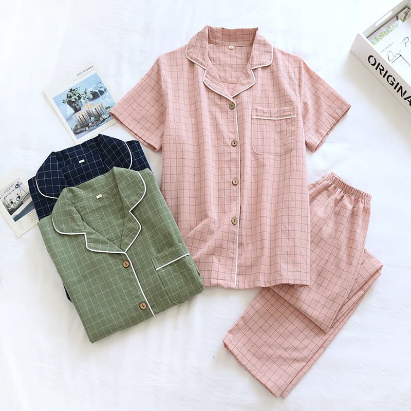Summer Washed Pure Cotton Couples Home Clothes Thin Style Men Women Sleepwear Set Warm Home Style Short Sleeve Long Pants