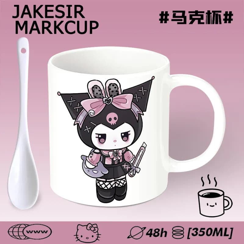 Dark Kuromi Cartoon Ceramic Mug with Breakfast Spoon, Couple Coffee Tea Cup, Office Water Cup, Gift