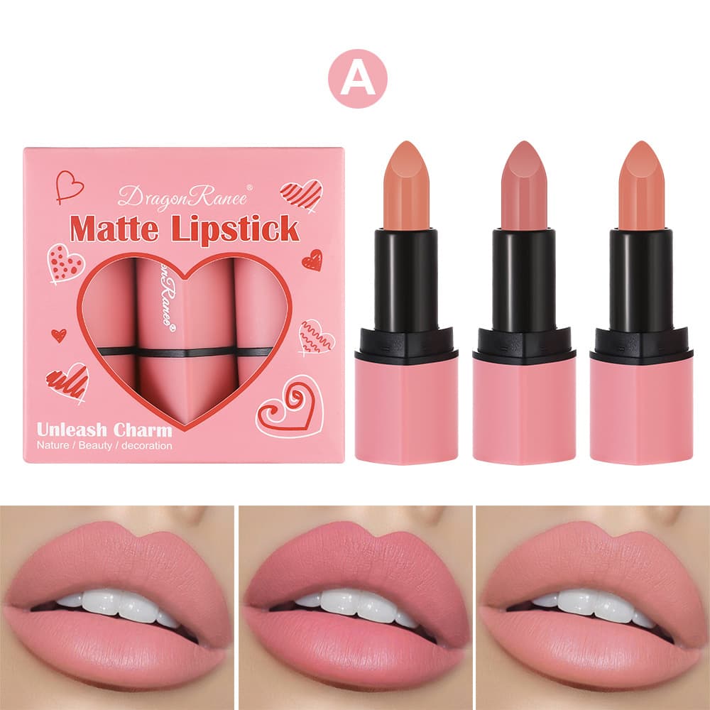 DragonRanee Cross-Border 3-Pack Heart Lipstick Set, Matte Finish, Long-Lasting, Cute Lipstick for Export