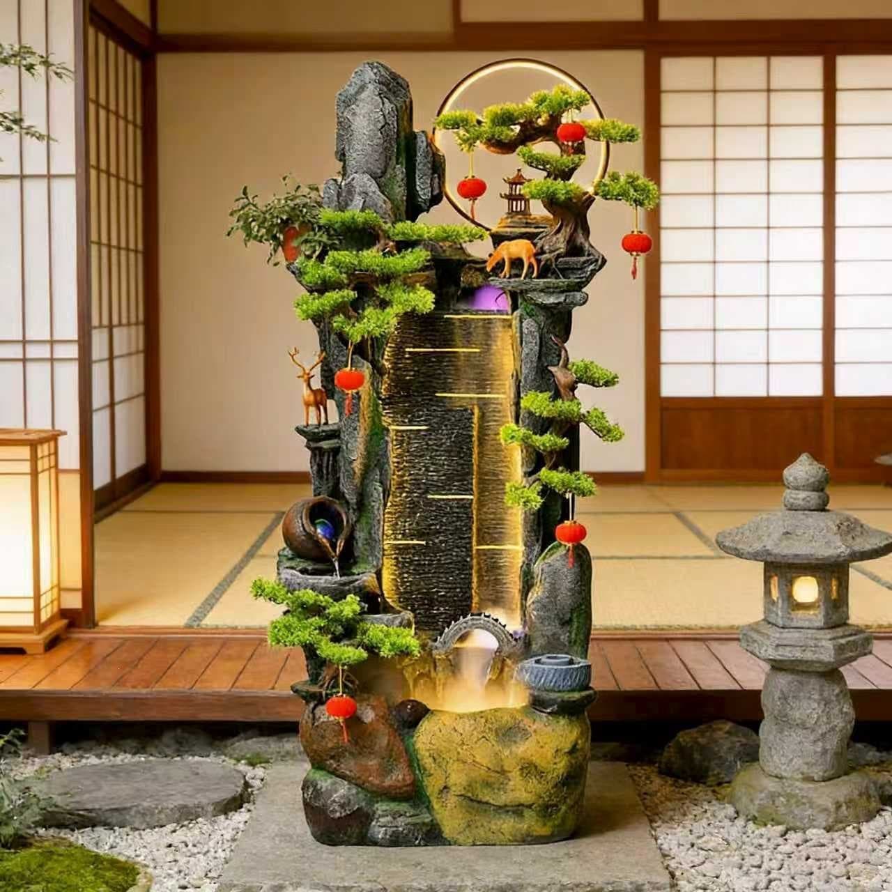 New Chinese Style Waterfall Wealth Attracting Decoration with Artificial Mountain, Misting Humidifier, Living Room Entryway Feng Shui Ornament