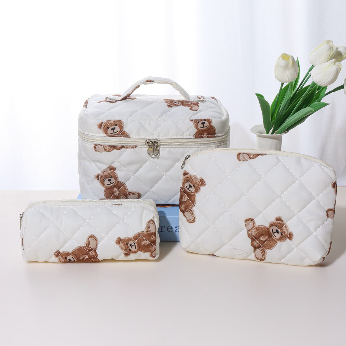 Large Capacity Cosmetic Bag 3-Piece Set Quilted Cotton Print Makeup Storage Pouch Travel Portable Women's Bear Handbag