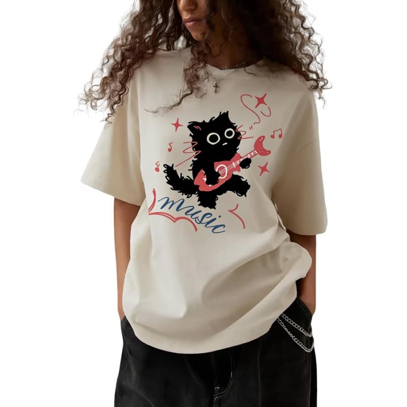 Ouma 100% Cotton Women's Grunge Shirts Oversized Graphic Tees Cat Emo