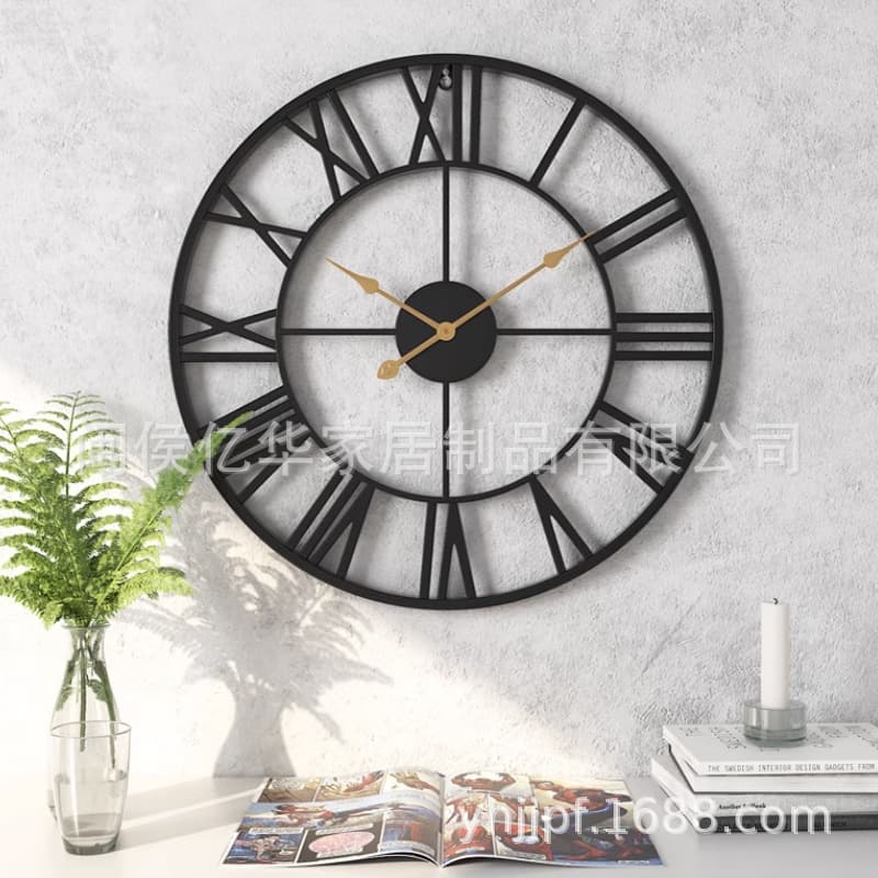 Cross-border Home Vintage Living Room Iron Wall Clock Nordic Decorative Clock Hot Selling Roman Silent Clock Factory Wholesale