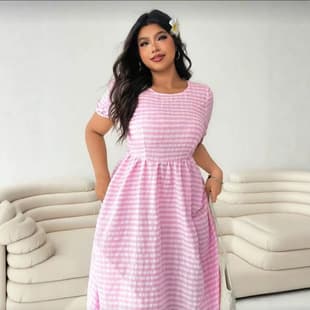 Plus Size Women's Clothing Stock Multiple Colors Available Plaid Round Neck Flared Long Dress Women's Cross-Border