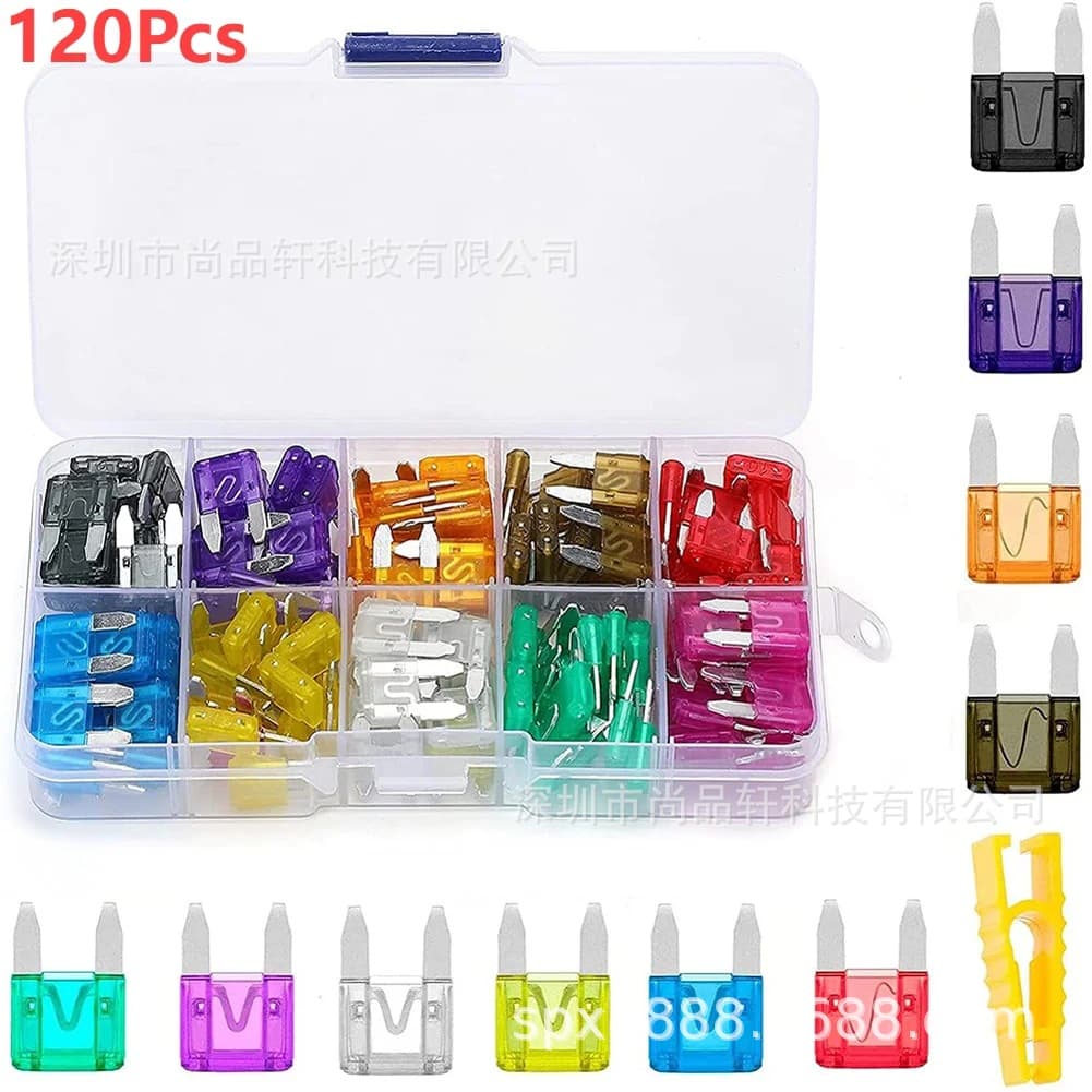 120pcs 2A-35A small car fuses, 10 sizes of ignition clips, headlight fuses, air conditioning fuse clips