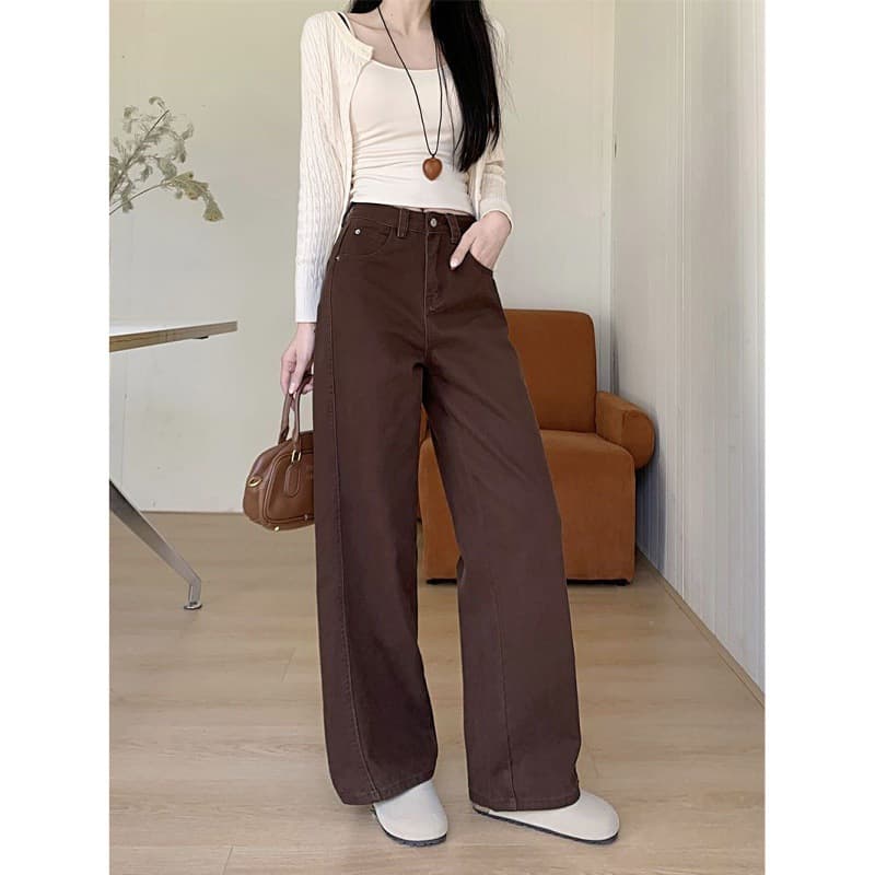 145cm petite women's XS retro Vibe brown wide-leg jeans, new loose and versatile floor-length trousers