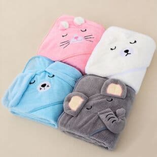 Baby Wrap Coral Fleece Hooded Bath Towel, Absorbent Quick-dry Non-shedding Shower Towel, Cartoon Embroidery, Factory Direct
