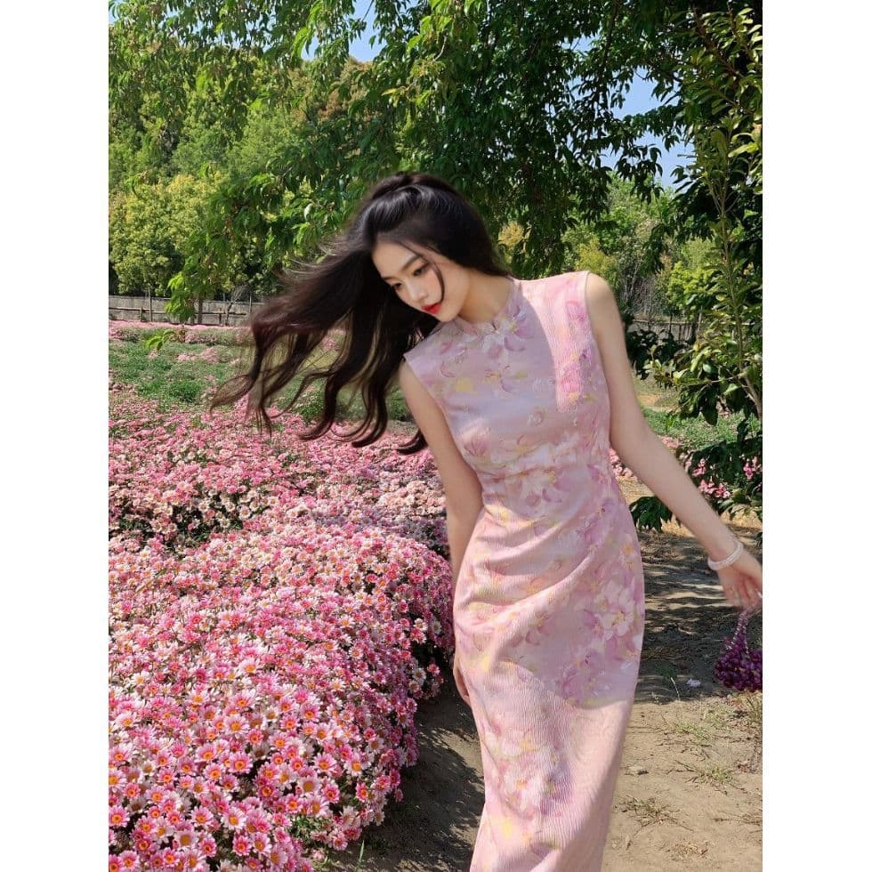 Yingluoling New Chinese Style Pink Floral Improved Cheongsam Dress for Women Spring Summer 2026 New Textured Sleeveless Dress