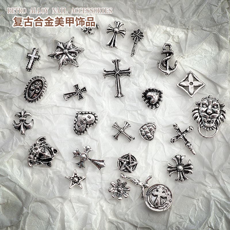 Cross-border Hot Selling Cross Nail Art Accessories Vintage Silver Punk Style Cross Alloy Wearable Nail Art Decorations