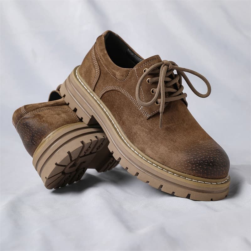 3190 Pigskin Work Boots British Retro Outdoor Low-Cut Martin Boots Men's Thick Sole Height Increase Anti-Slip Hiking Ankle Boots