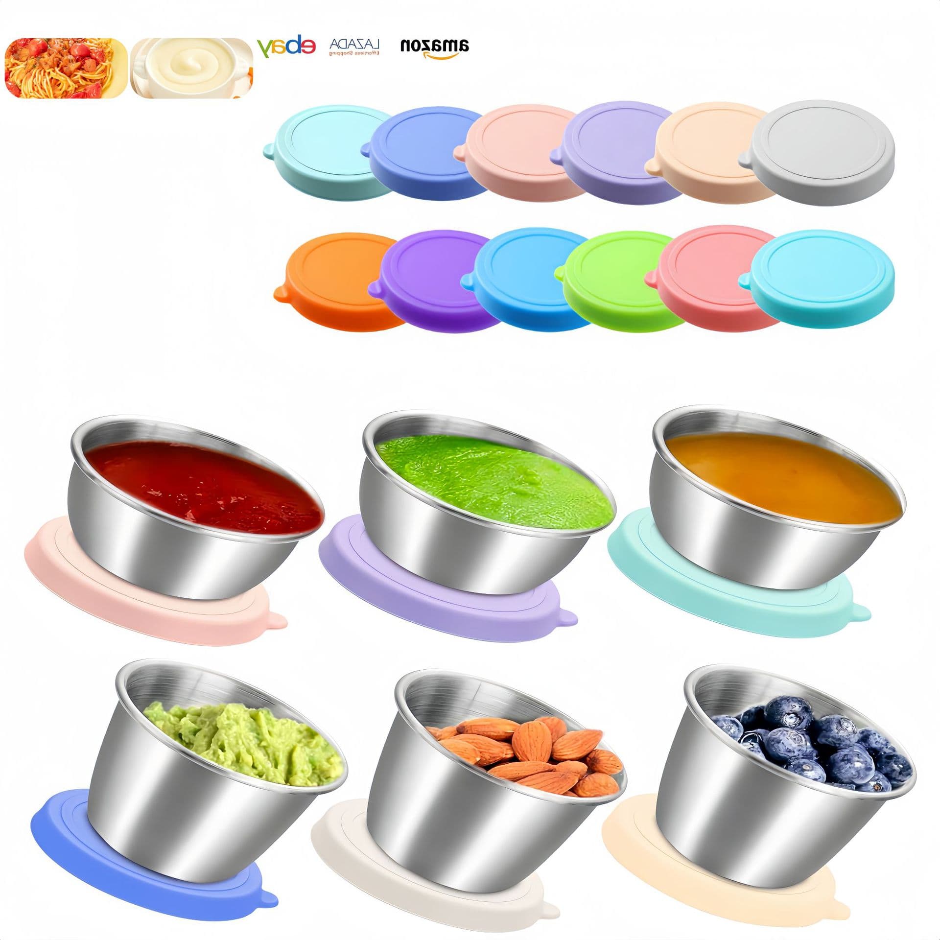 Amazon Leak-Proof Dipping Sauce Container 304 Stainless Steel Kitchen Multi-Color Soft Silicone Lid Portable Sauce Cup Seasoning Dish