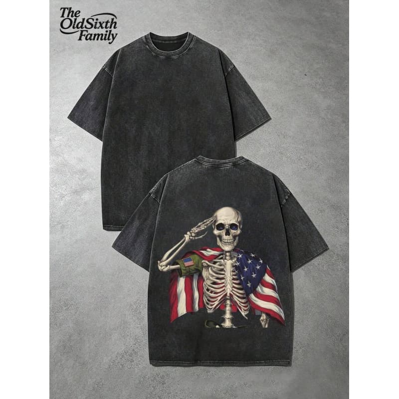 Skeleton American Flag Washed Unisex T-Shirts, Men's Short-S