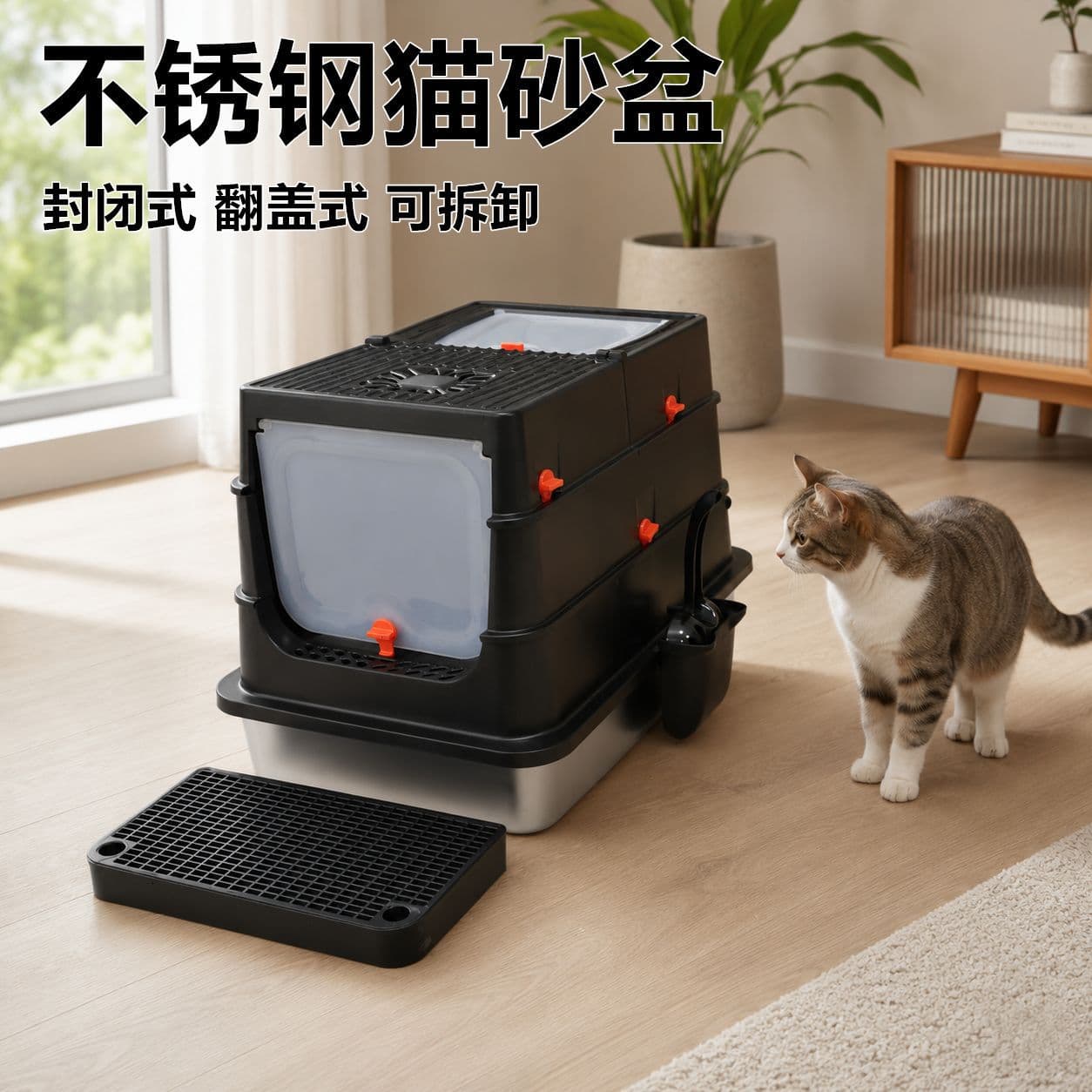 Cross-border Stainless Steel Cat Litter Box, Enclosed, Odor-proof, Anti-splash, Removable, Foldable, Extra Large Cat Toilet, Cat Sandbox