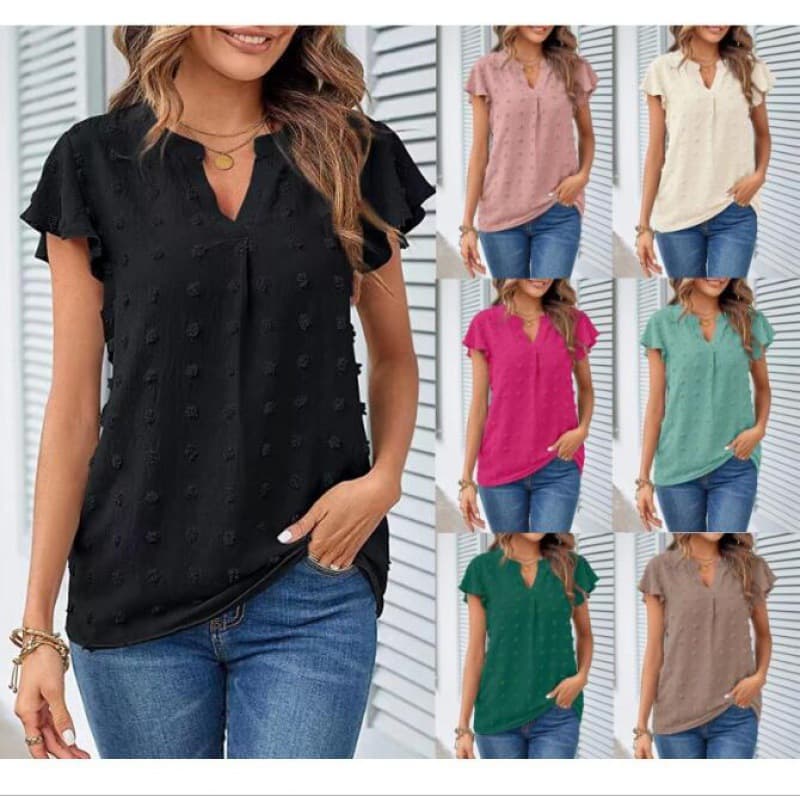 European and American Foreign Trade Cross-border Women's Clothing 2023 Amazon Summer New V-Neck Flounce Sleeve Chiffon Blouse Short Sleeve T-Shirt Top