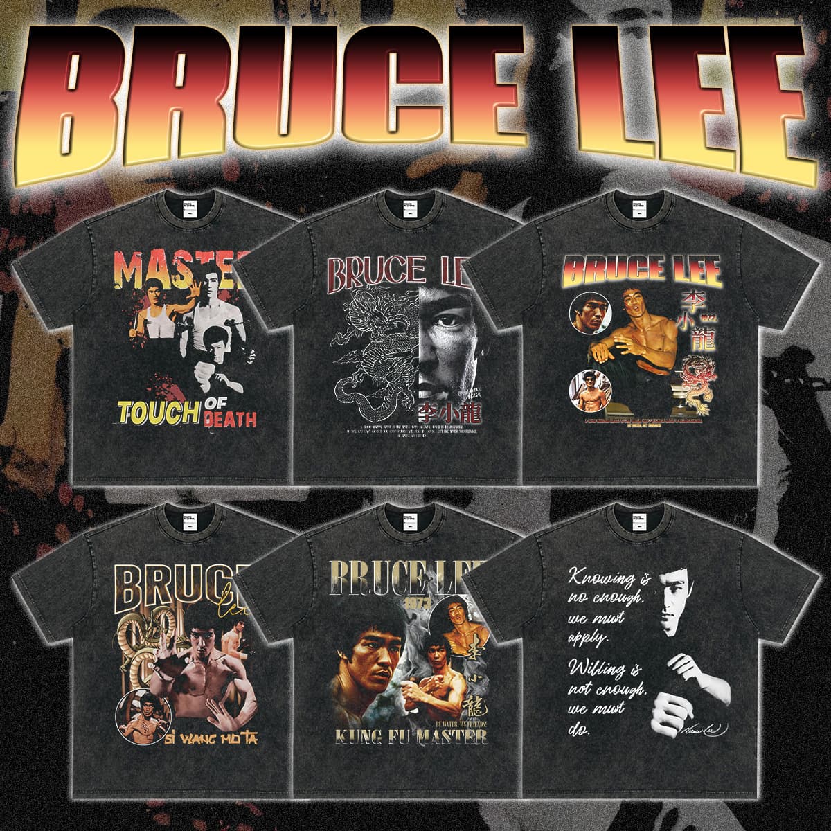 Bruce Lee American Retro Heavyweight Short Sleeve T-Shirt Vintage Direct Spray Print Washed Long Sleeve Cotton Streetwear Round Neck