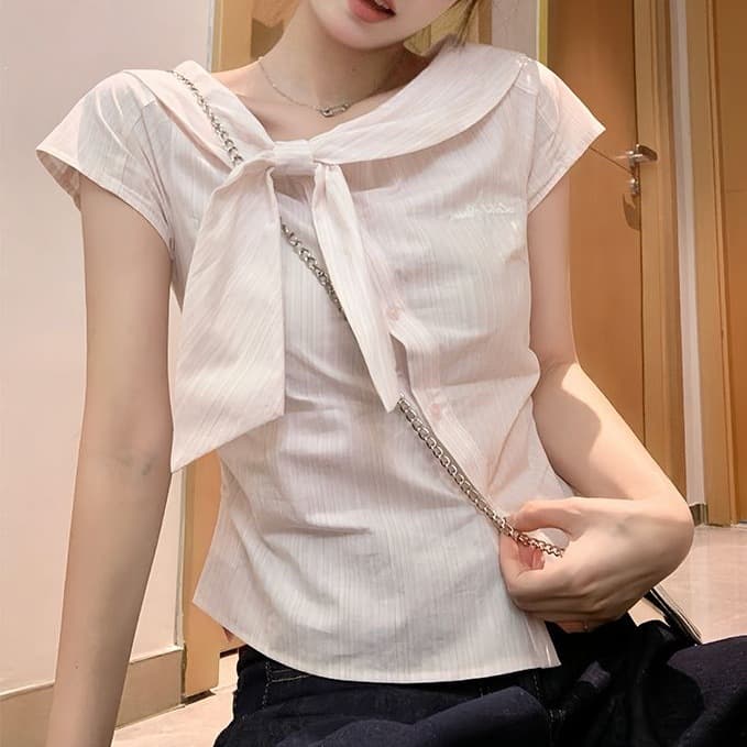 Pink Sweet Style Diagonal Placket Twisted Short-Sleeve Shirt for Women, 2026 Summer New Waist-Nipped Slim Short Top
