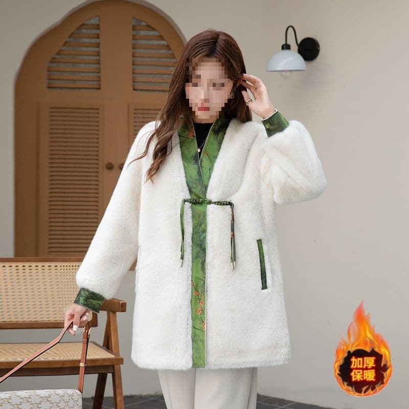 New Chinese Style National Trend Button Print Stitching Mink Fur Coat Women Winter Plus Size Thick Warm Faux Fur Coat