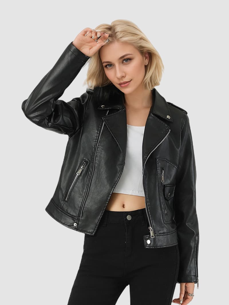 【In Stock】Custom Pattern Autumn Women's Leather Jacket Short Coat Commuter Style Leather Blazer Cross-Border