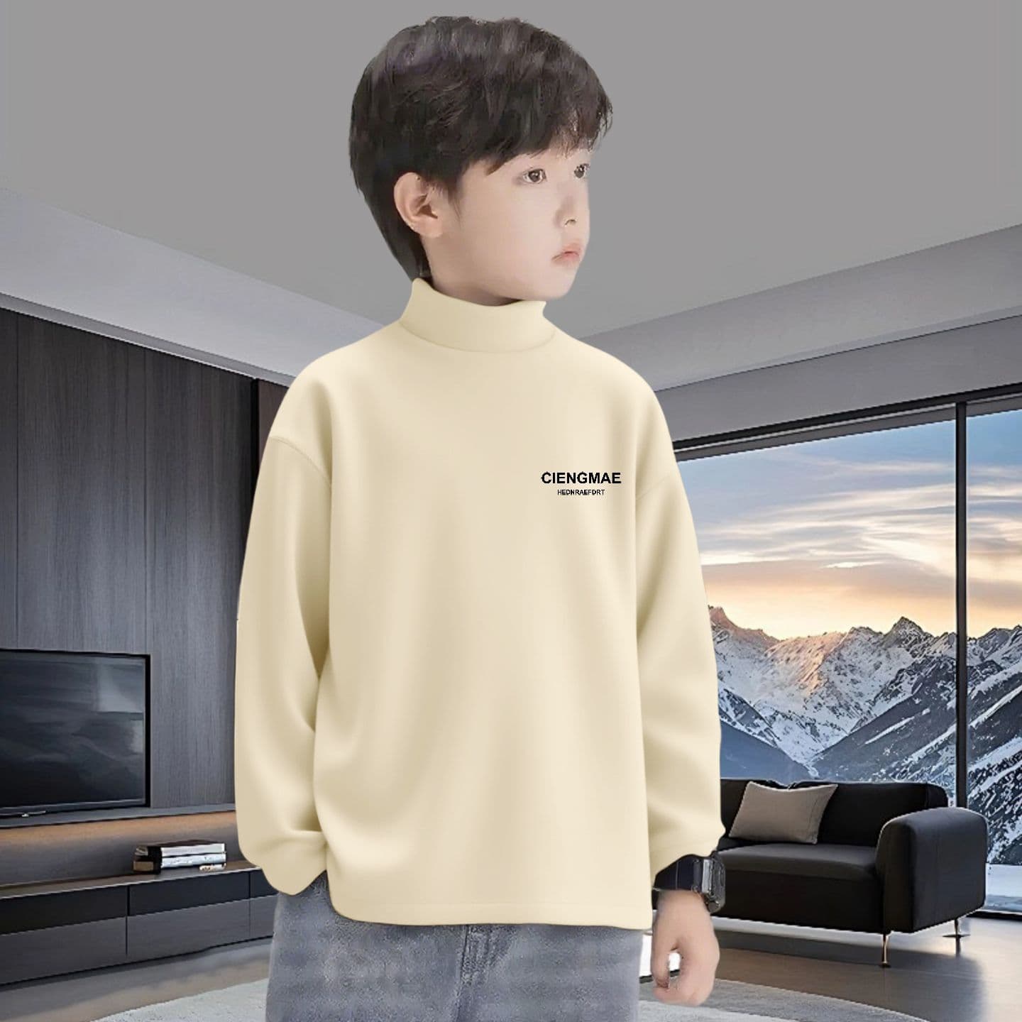 Boys Velvet Base Layer Semi-High Neck Children's Warm Top Older Kids Autumn Winter Long-Sleeve Brushed T-Shirt