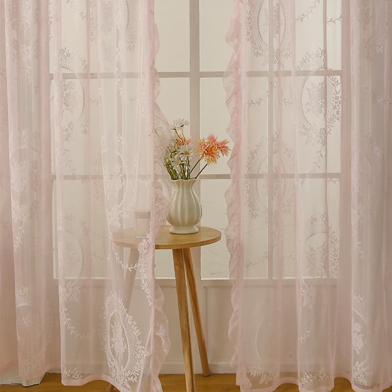 New French Round Mirror Floral Curtain Blackout Window Sheer Rod Pocket Lace Fabric Wholesale No-Drill Installation Ready-Made Sheer Curtain