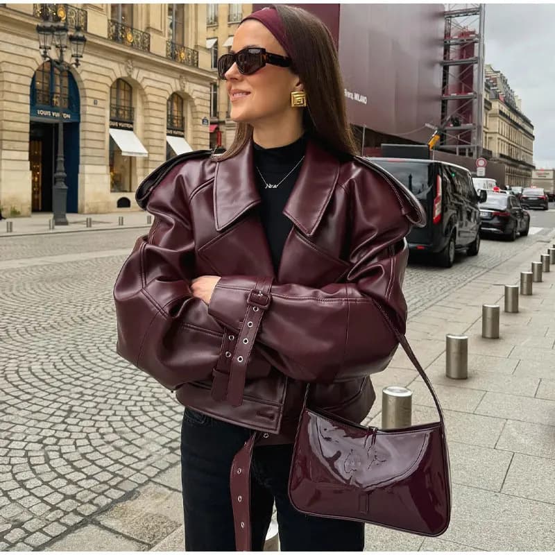 European and American cross-border 2026 spring women's leather jacket personalized street PU lapel adjustable cuffs retro motorcycle jacket