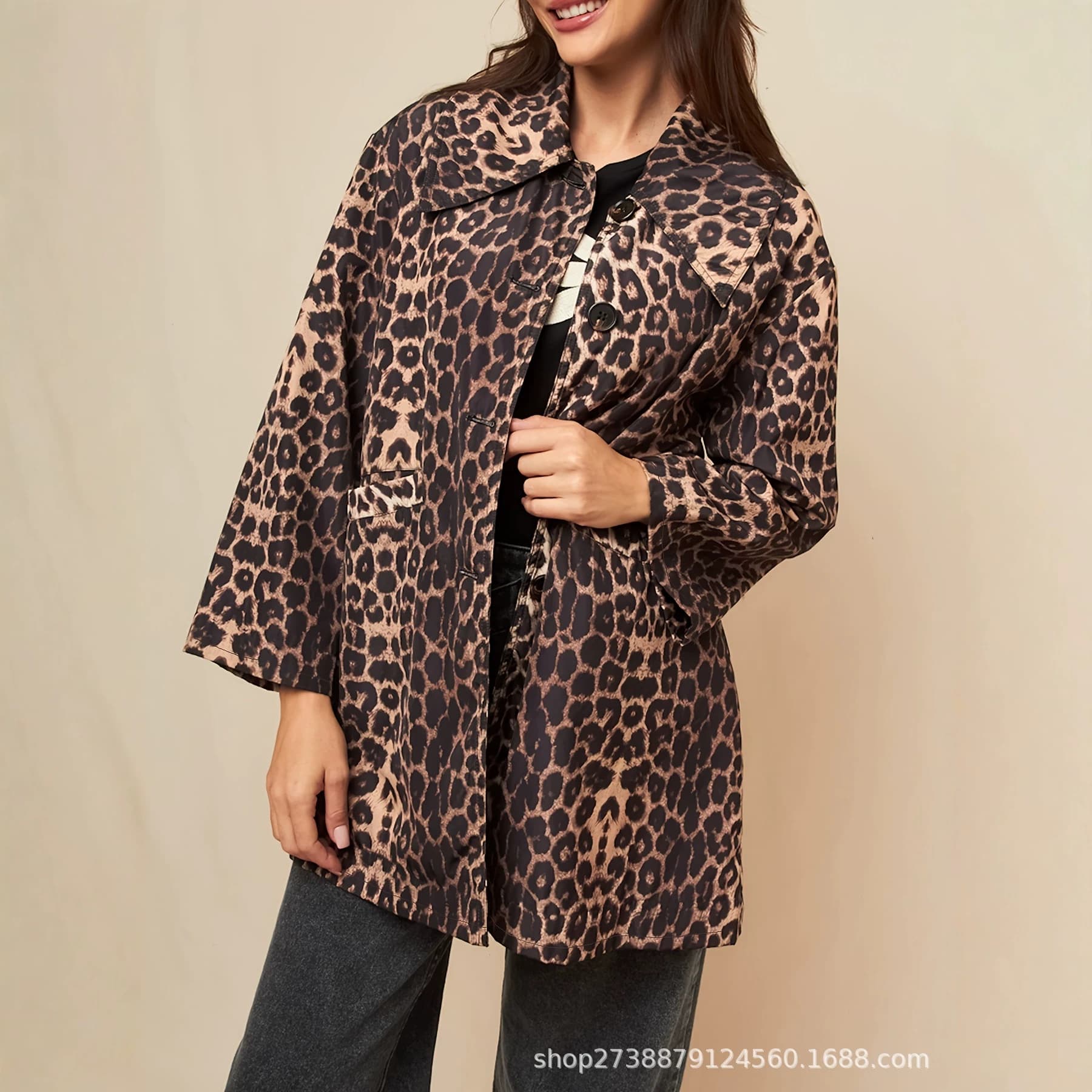 European and American Popular Retro Leopard Print Trench Coat for Women, Autumn Loose-Fitting Lapel Long-Sleeve Coat