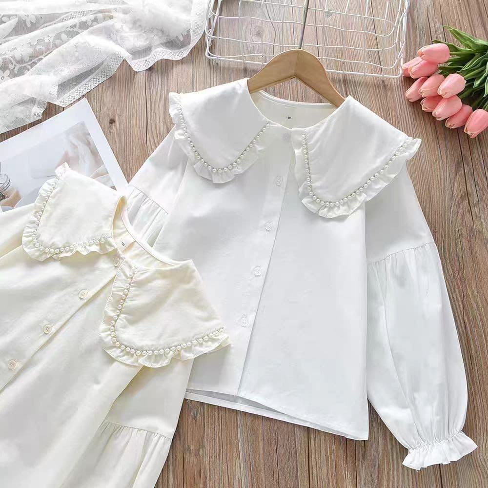 26 Spring and Autumn Girls' Shirt Collar Lace Top Girls White Lapel Cardigan Shirt Versatile Foreign Trade Children's Clothing Shirt