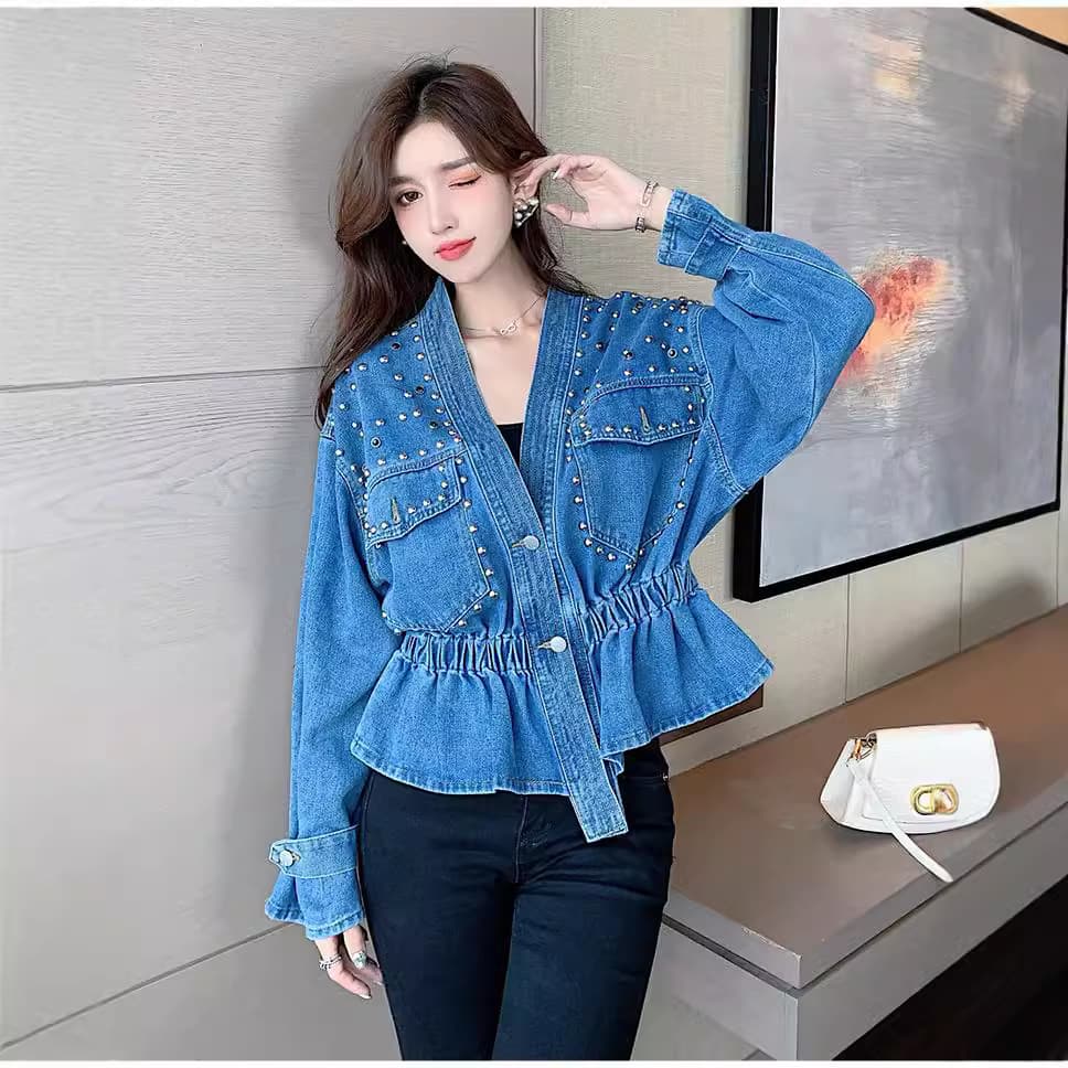 2024 Spring/Autumn Best-selling Denim Beaded Korean Version Waist-Cinching V-Neck Loose Denim Jacket BF Fashion Versatile Women's Top