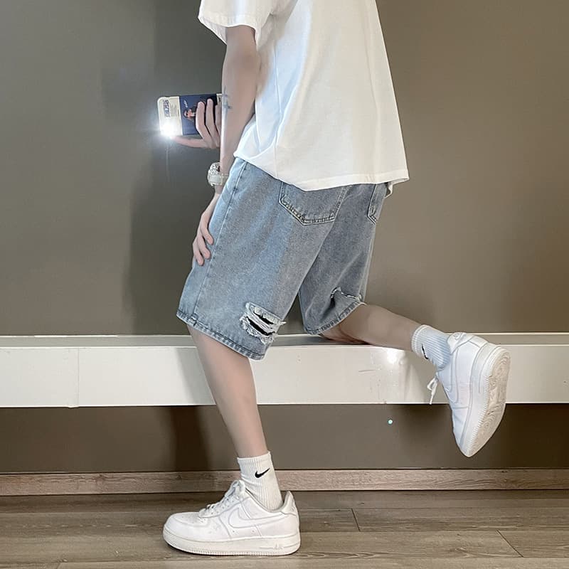 Men's Trendy Distressed Denim Shorts, Summer Loose High-Street American Retro Versatile Five-Point Mid-Length Pants for Outdoor Wear