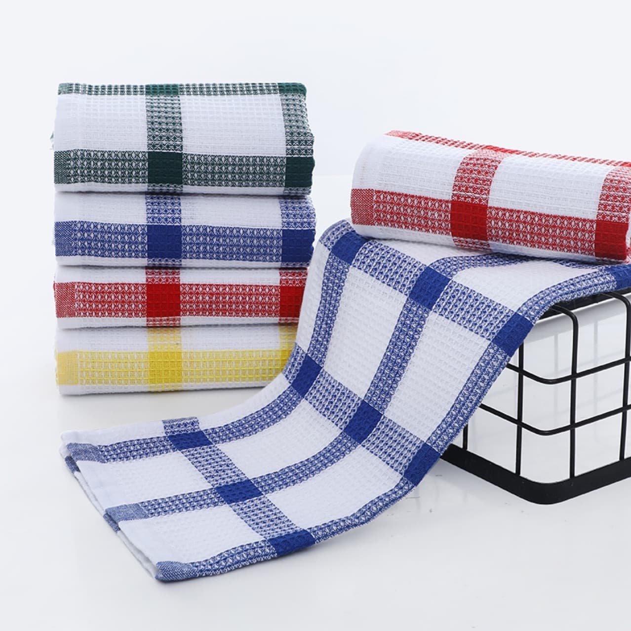 Foreign Trade Export Supply Yarn-Dyed Tea Towels Blended Yarn-Dyed Jacquard Tea Towels Colorful Check Soft Absorbent Tea Towels