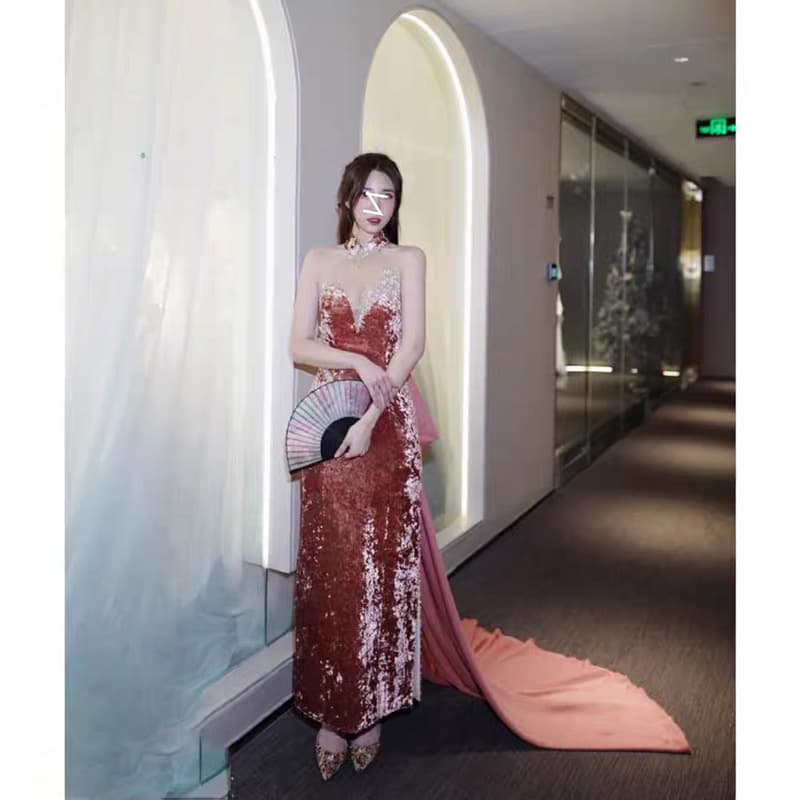 In Stock Goddess Style Light Luxury Velvet Rhinestone Embroidery Beaded Open Back Slit Bow Train Dress Long