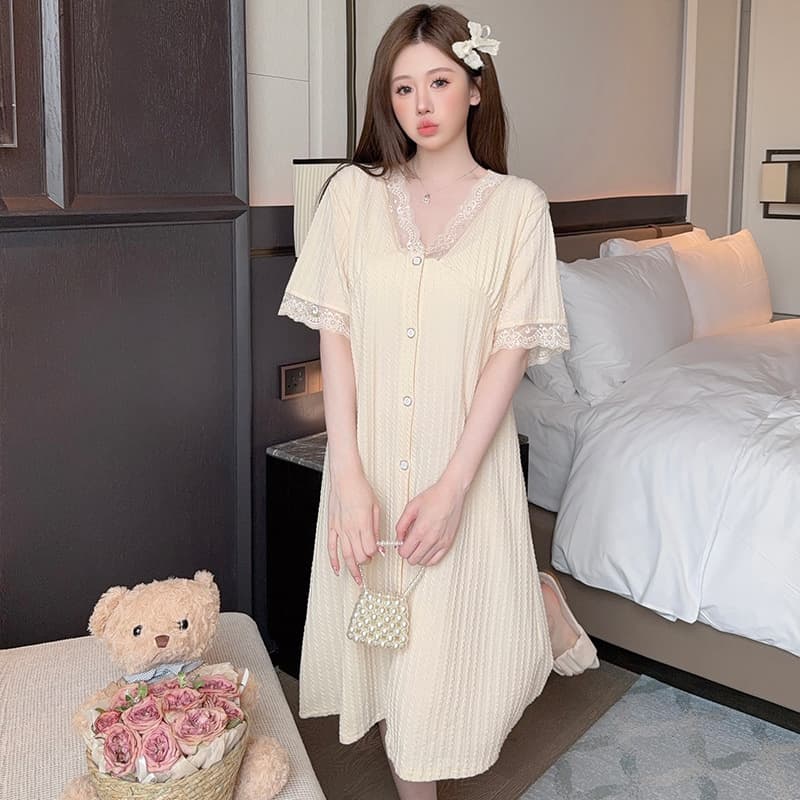 5XL Plus Size Women's Summer Knitted Cotton Short-Sleeve Cardigan Mid-Length Nightgown with Lace Trim Sweet Loose Homewear