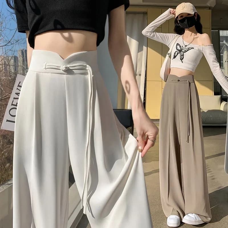2024 New Women's Pants, Chinese Style High-Waist Flowing Casual Pants, Frog Button Suit Pants, Spring Summer Petite-Friendly Straight Leg Pants