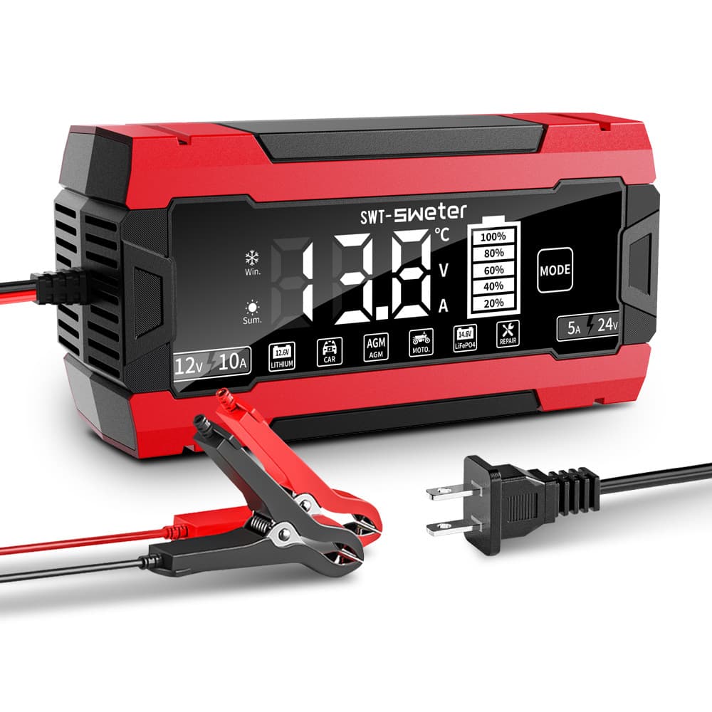 12V 10A / 24V 5A Smart Battery Charger for Car Motorcycle Lead-Acid LiFePO4 Ternary Lithium Battery