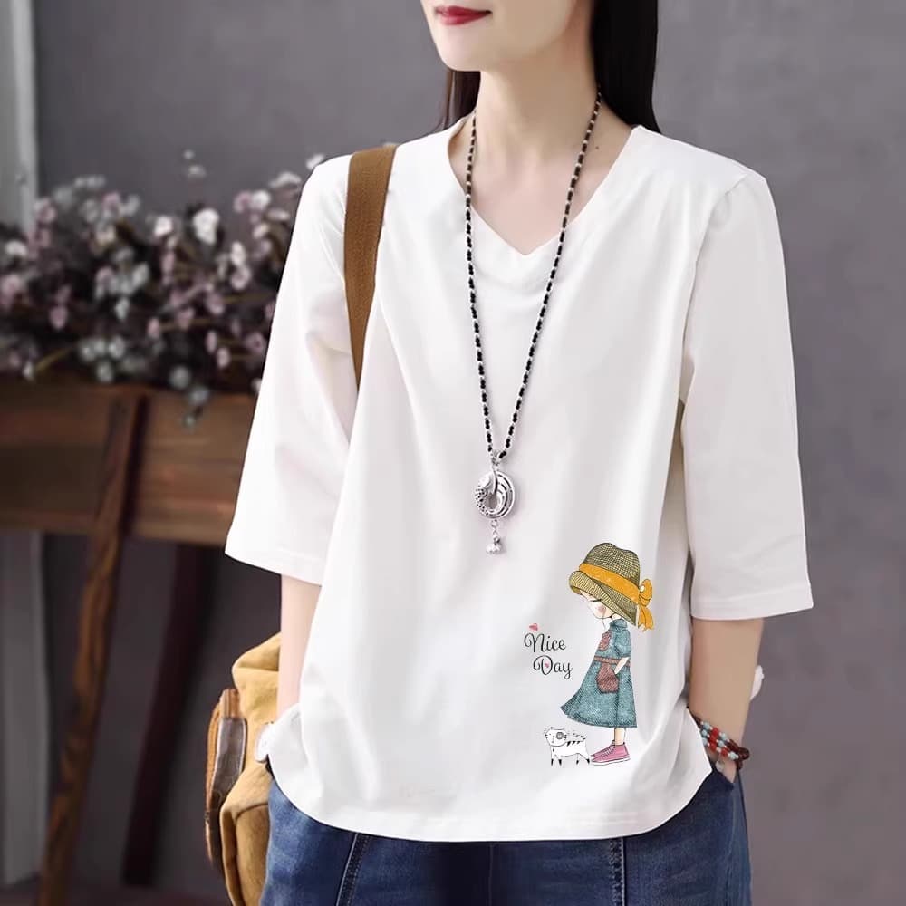 Solid Cotton Short Sleeve T-Shirt Women 2026 Summer New Casual Fashion Versatile Cotton Cartoon Seven-Sleeve Undershirt A3489
