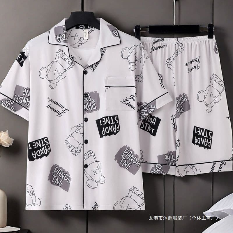 Men's Pajamas Summer Thin Short Sleeve Pants Cardigan Student Plus Size Cartoon Men's Youth Home Wear Casual Set