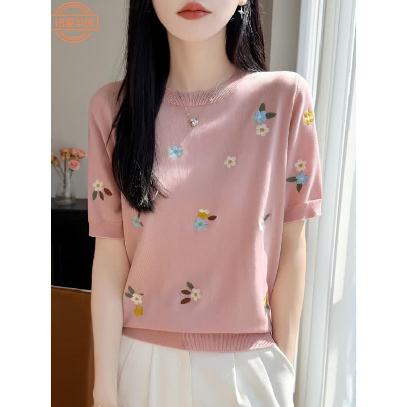 Women's Summer New Heavy Embroidery Knitted Short Sleeve Round Neck Loose Short T-Shirt Tencel Thin Base Top