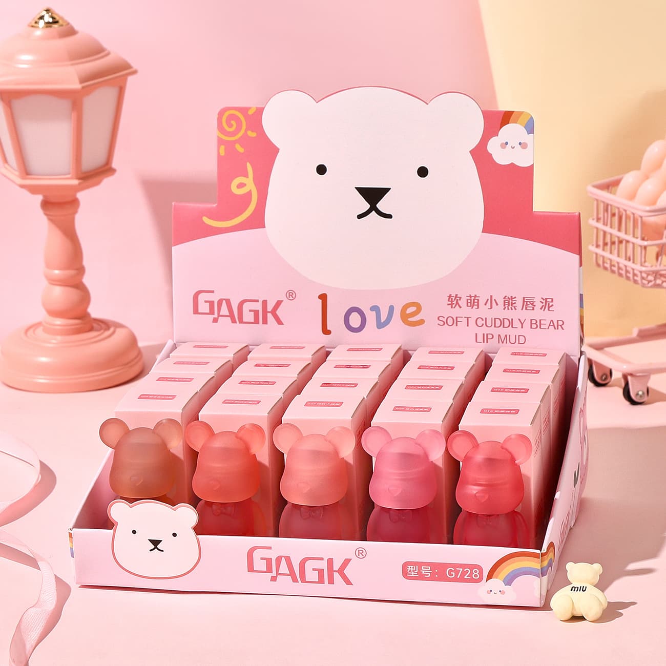 Cross-border Pink Cute Bear Lip Mud Matte Display Box Student Essential Keychain Cosmetics Lipstick Cross-border