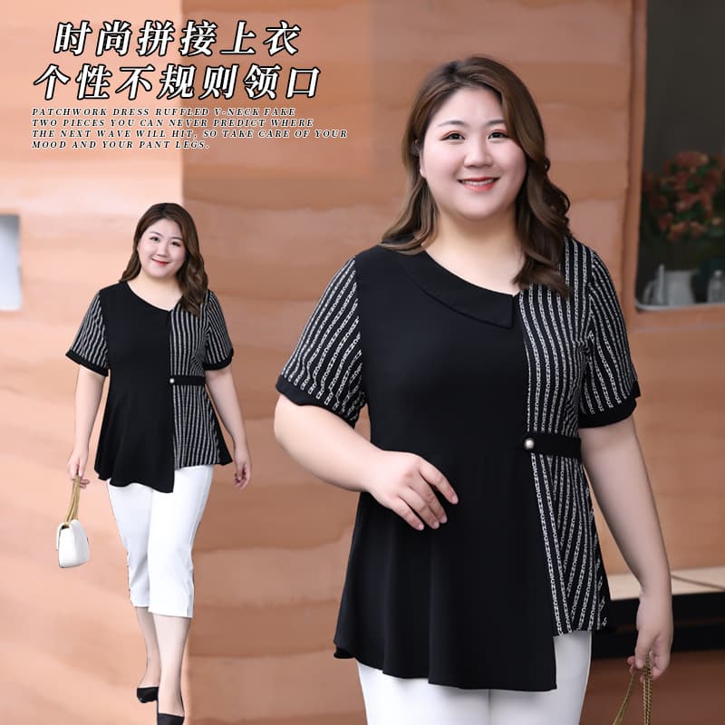 2025 Summer New Plus Size Women's Short-Sleeve Chiffon Blouse for Curvy Women Up to 240 lbs, Loose Fit, Conceals Tummy, Irregular Patchwork Top