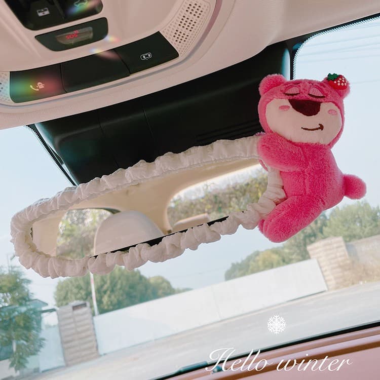 Car Rearview Mirror Cover, Cute Strawberry Bear Mirror Protector, Trendy Premium Car Interior Accessory for Women