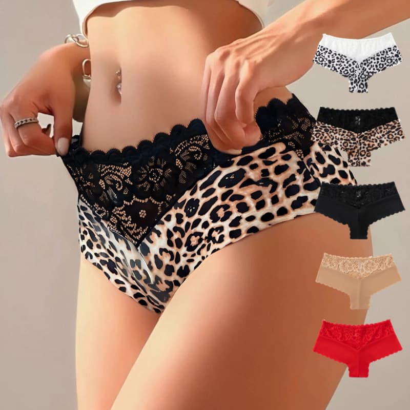 Cross-Border European Size New Style Women's Lace Panties Leopard Print Mid-Rise Fashion Comfortable Breathable Boxer Briefs