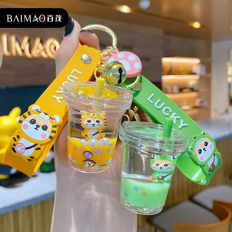 Genuine oil-filled floating Shiba Inu milk tea cup series keychain for women, cute, creative and exquisite doll key pendant