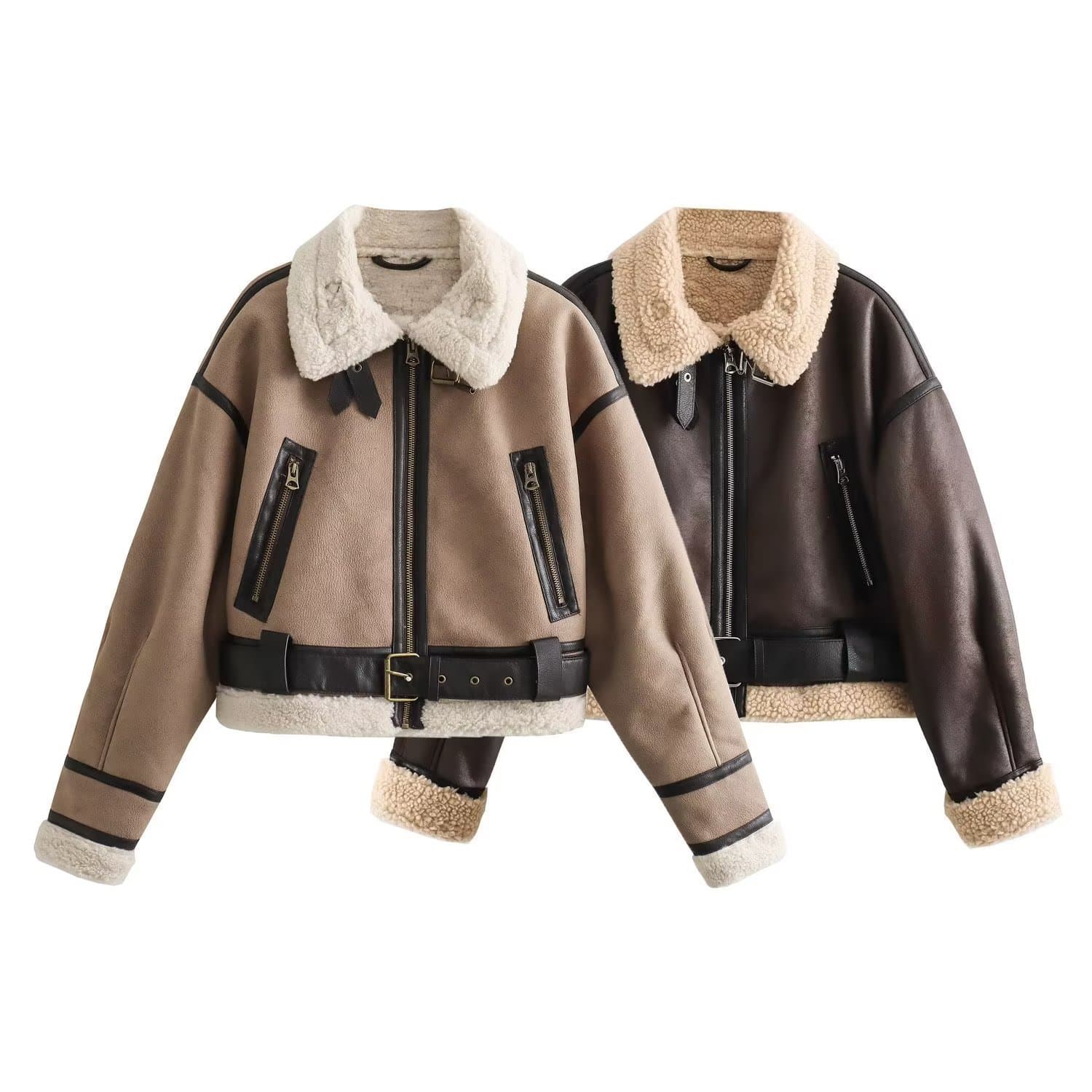 European and American Women's Autumn Faux Fur Collar Reversible Thick Warm Short Jacket Coat